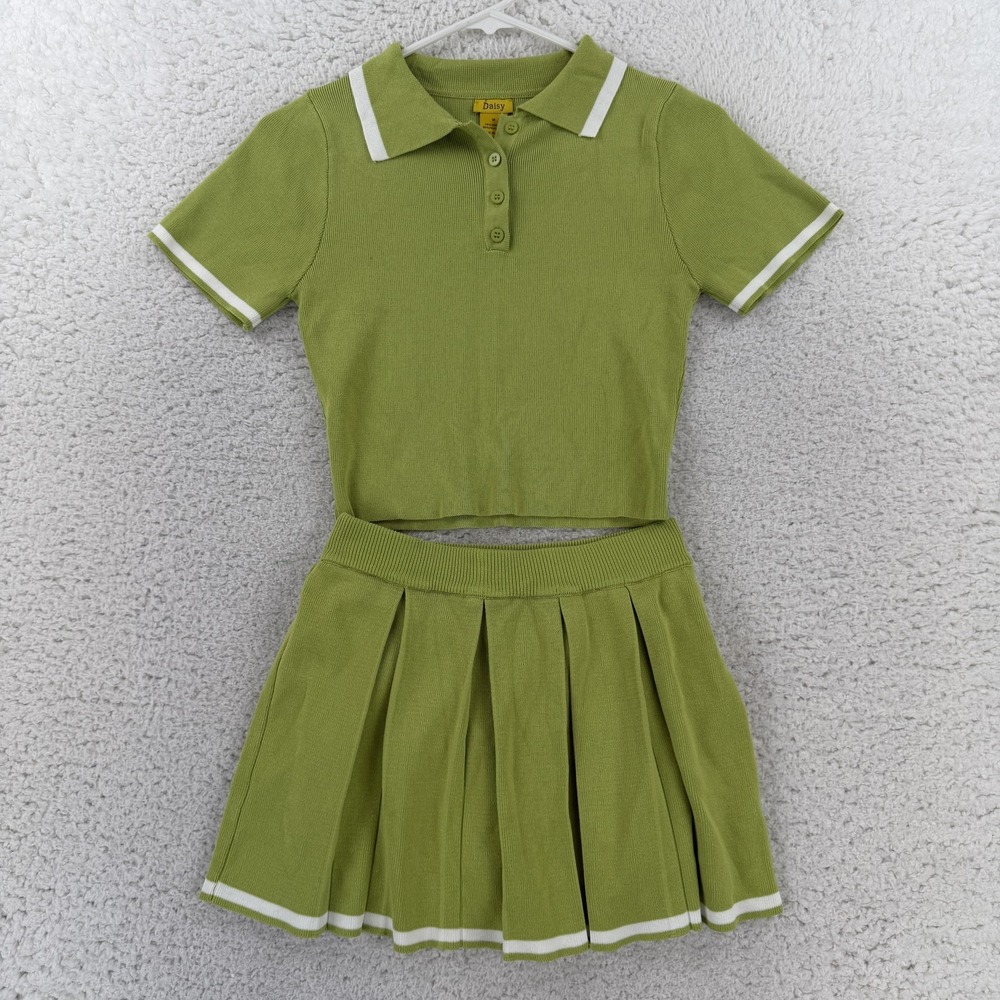 Daisy Womens Green Knit 2 Piece Set Polo Top M Pleated Mini Skirt S